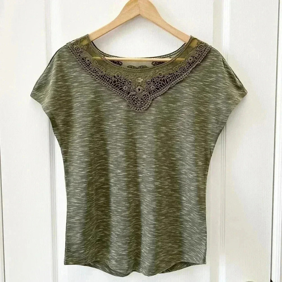 Ricki’s Cap Sleeve T-Shirt Crochet Trim Top Khaki Green Space Dye Small - Picture 4 of 14